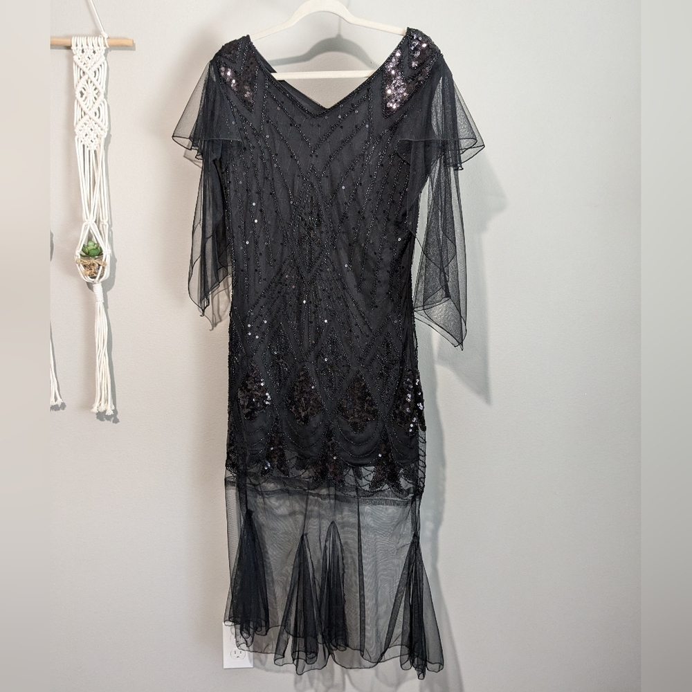 Vintage Embellished Beaded Mesh Tulle Sequin Flapper Gatsby Gown Dress L - Picture 8 of 10
